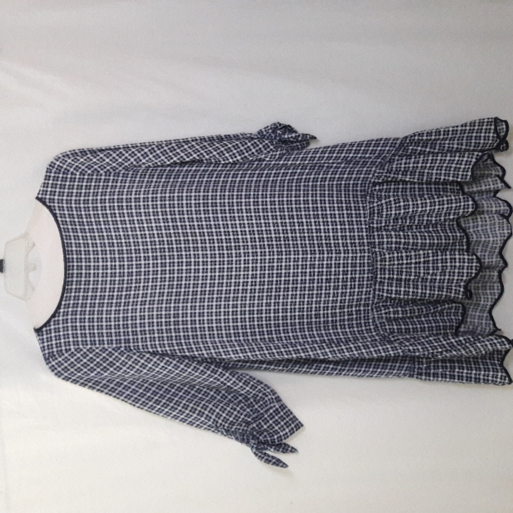 SYMPHONY Women Black White Plaid Shift Dress 3/4 Sleeves Cuff Tie Ruf…